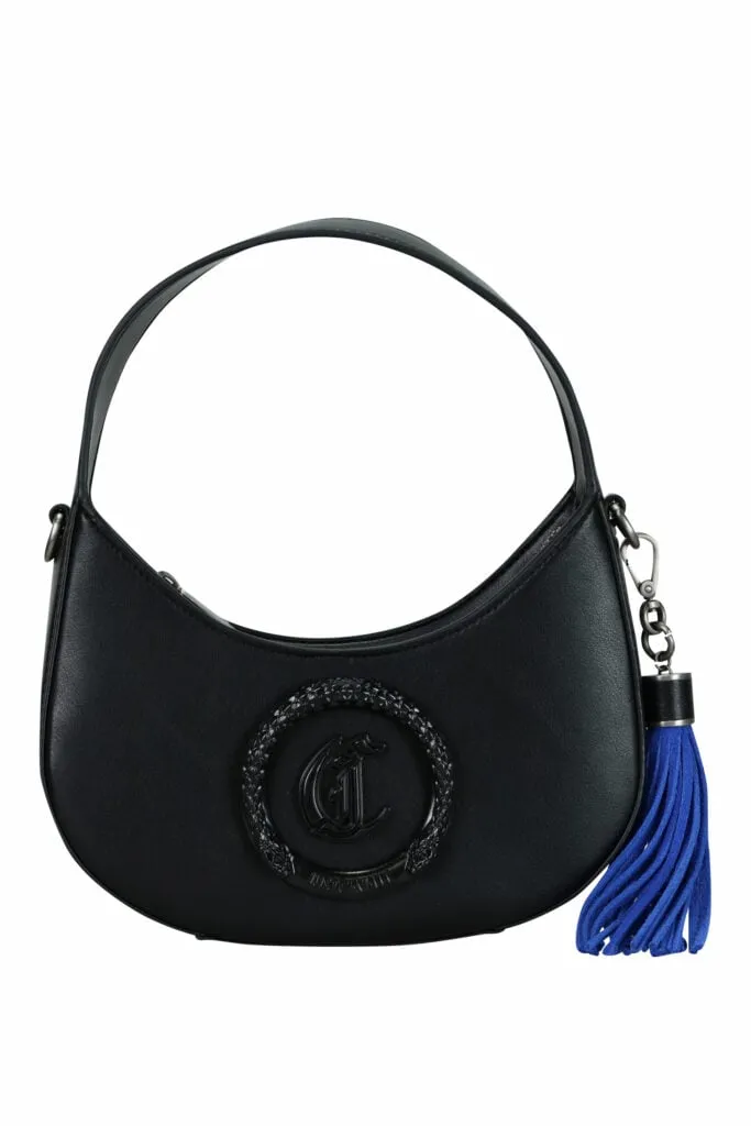 Bolso de hombro negro con logo circular 