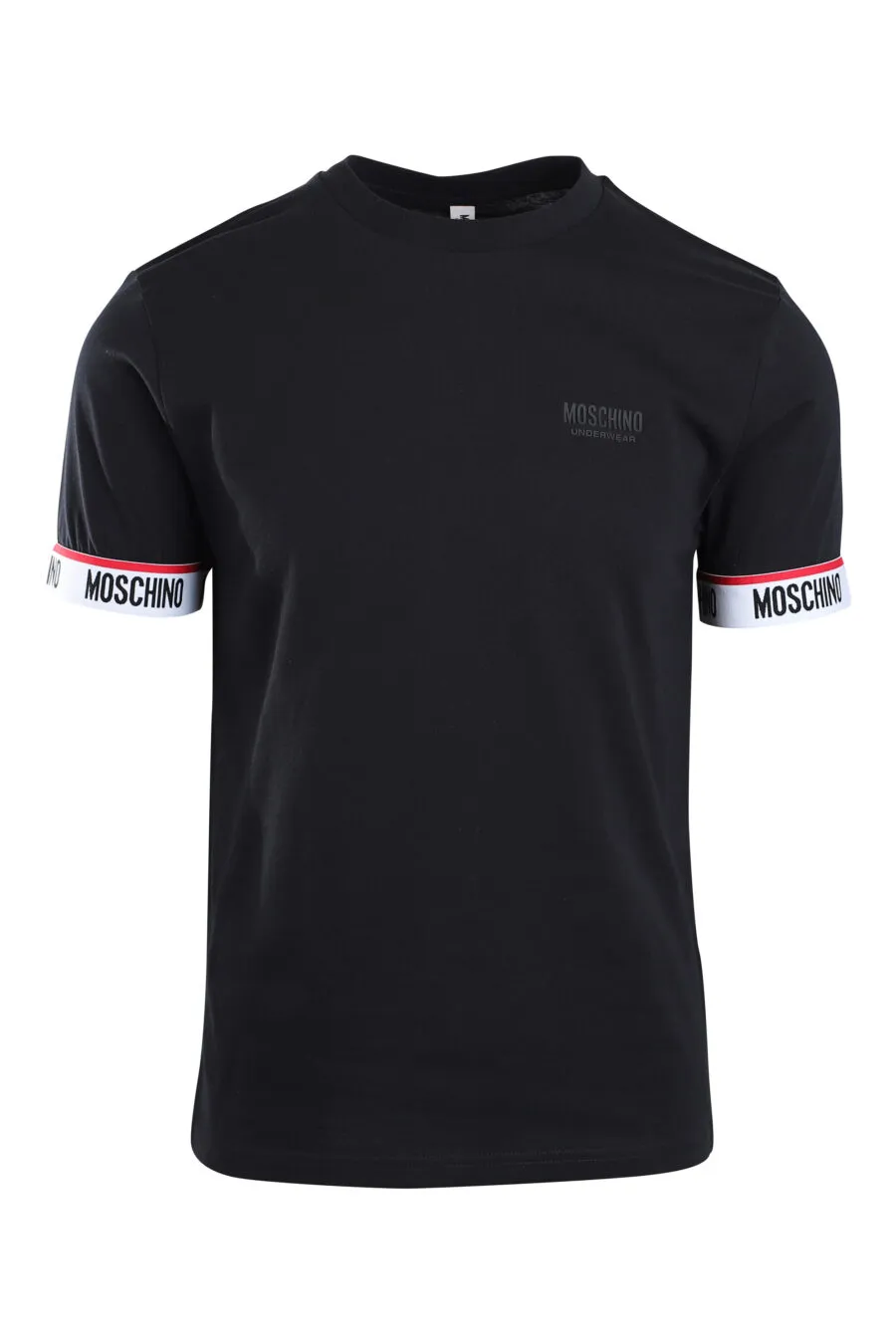 Camiseta negra con logo en banda en mangas y minilogo monocromático
