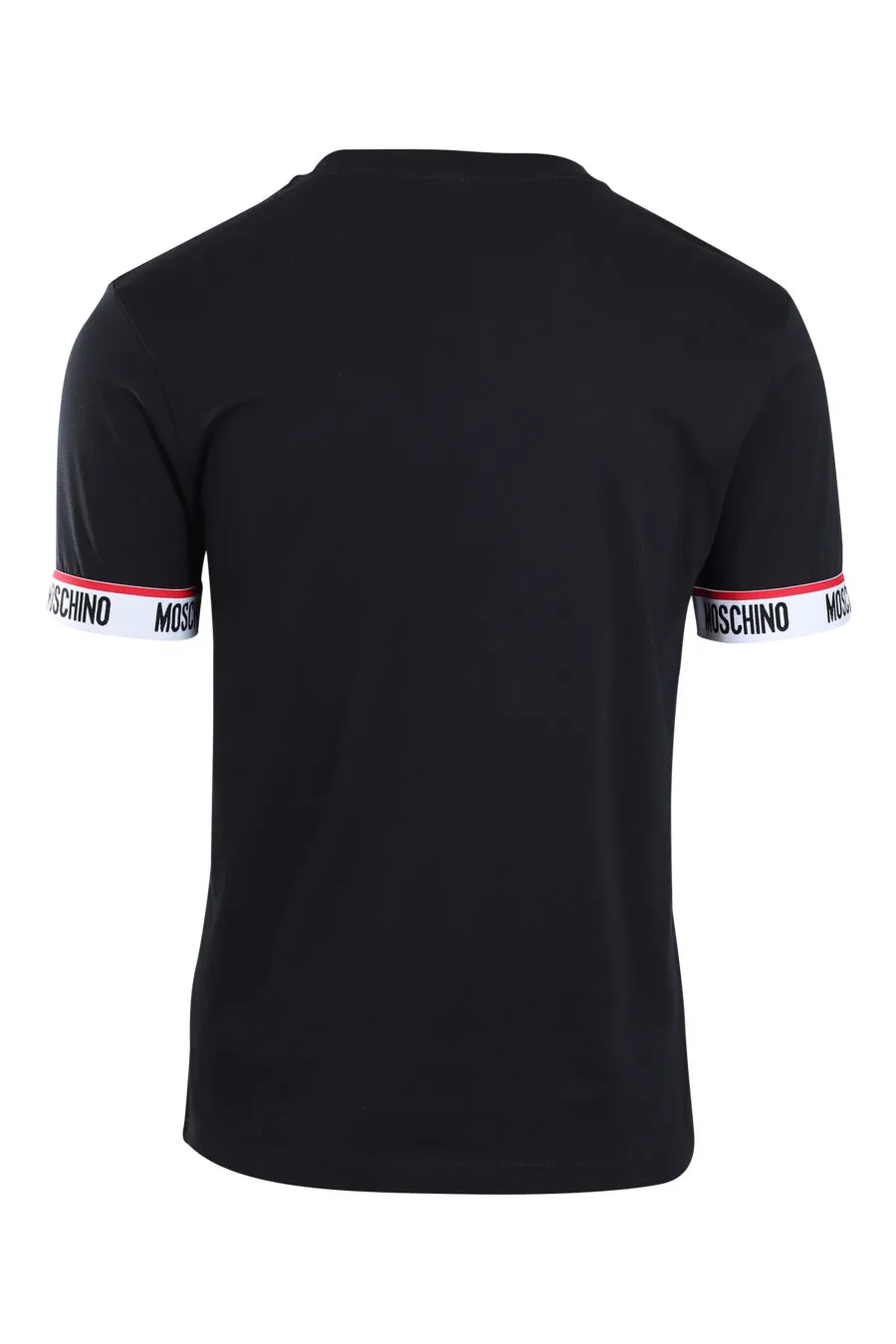 Camiseta negra con logo en banda en mangas y minilogo monocromático
