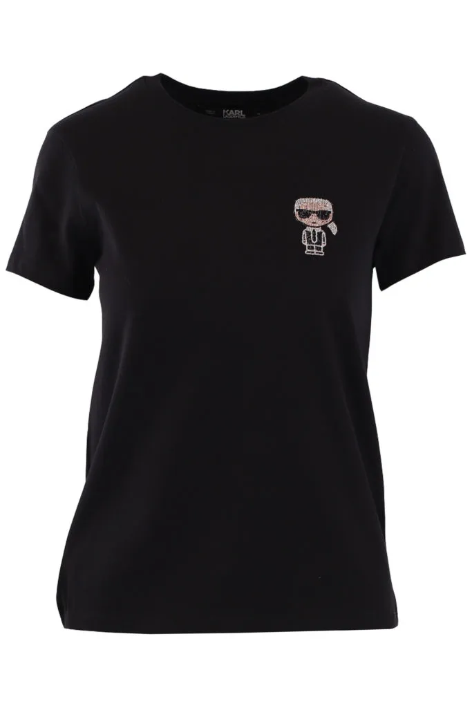Camiseta negra con logo pequeño en strass