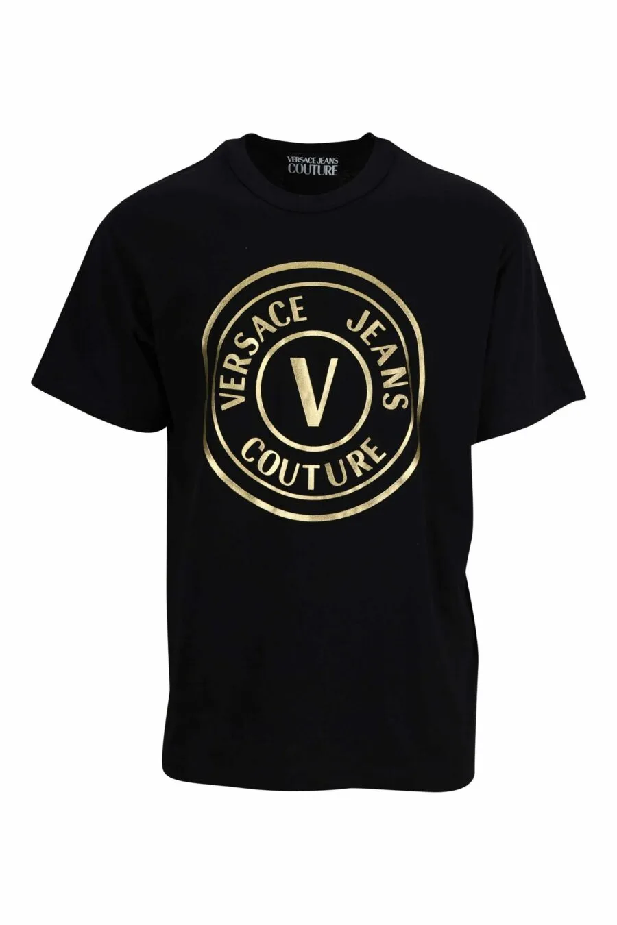 Camiseta negra con maxilogo circular dorado 