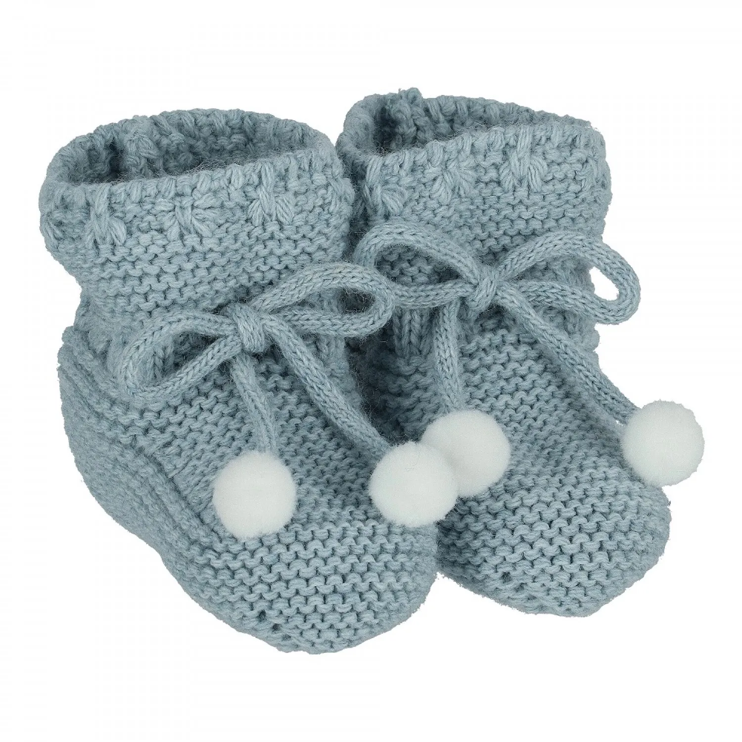 Chubby knit booties. With raw pompoms.