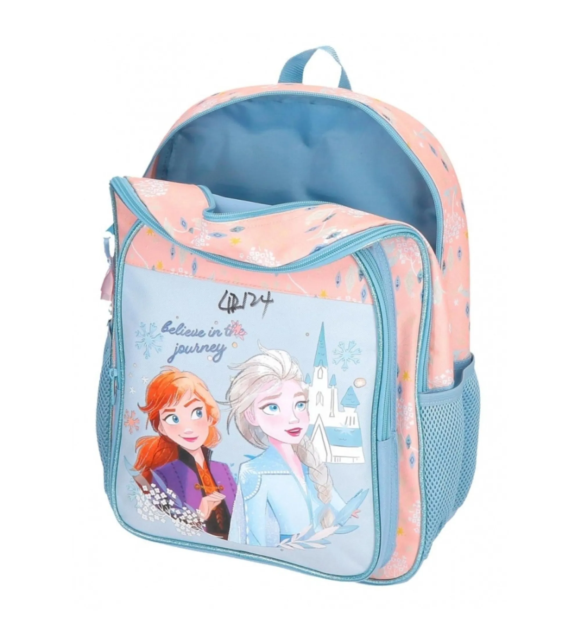 Mochila Frozen Believe in the journey dos compartimentos con carro azul