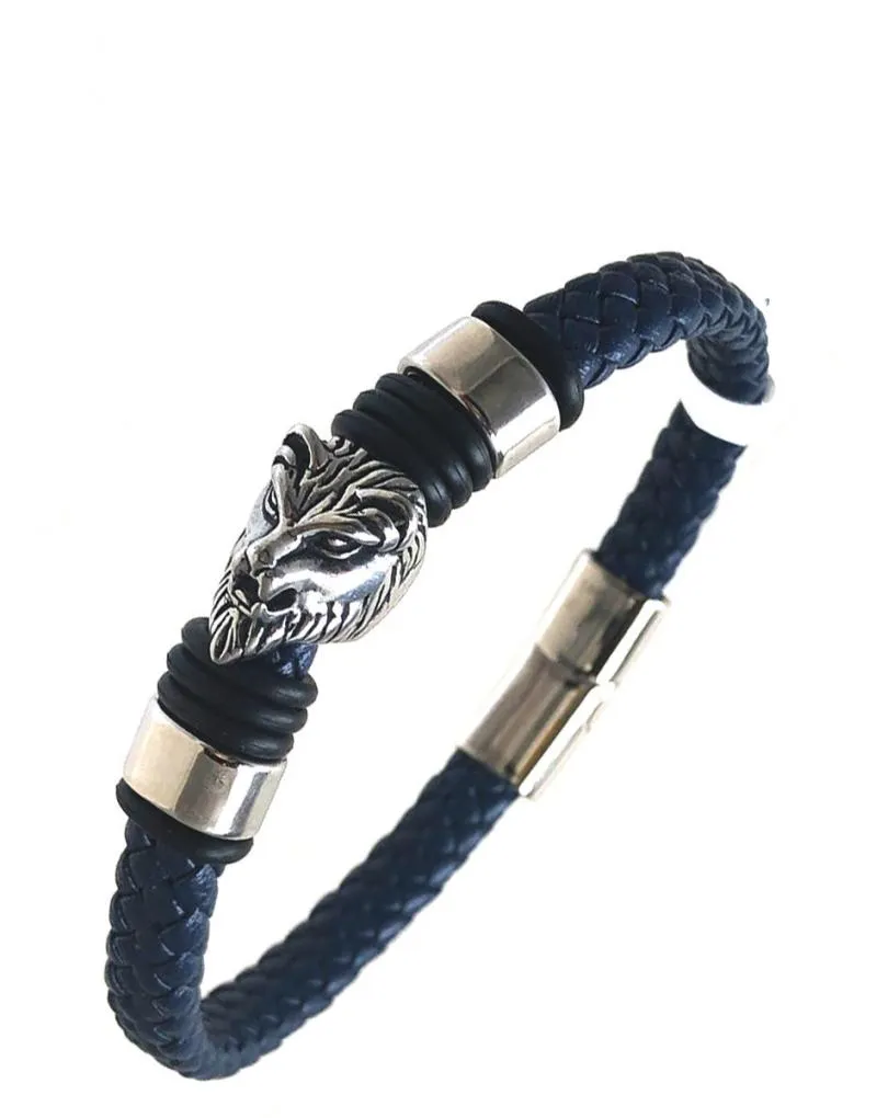 PRECIOSAS PULSERAS DE HOMBRE EN PIEL AZULES CON CABEZA DE LEON