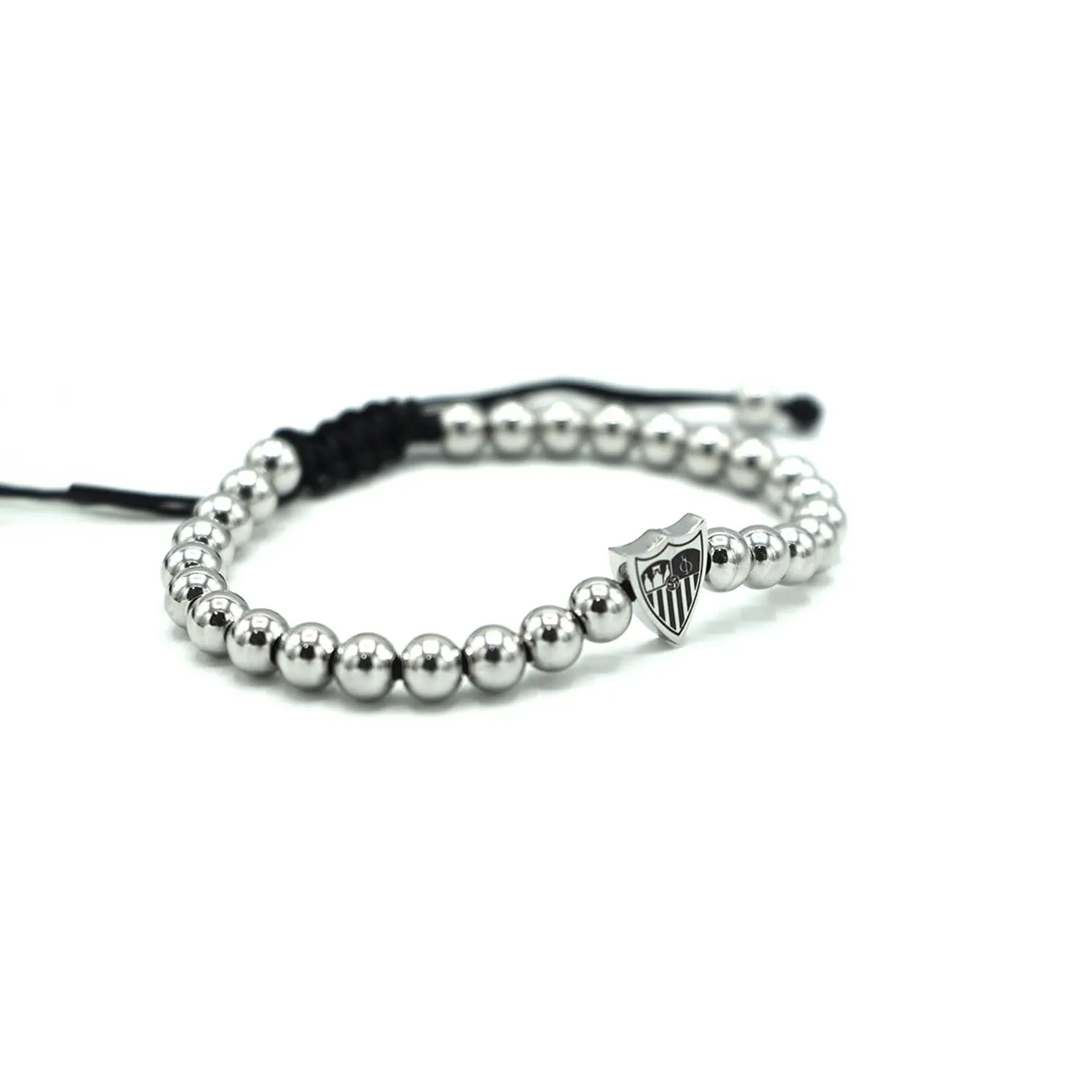 Pulsera acero bolas, escudo y macramé negro