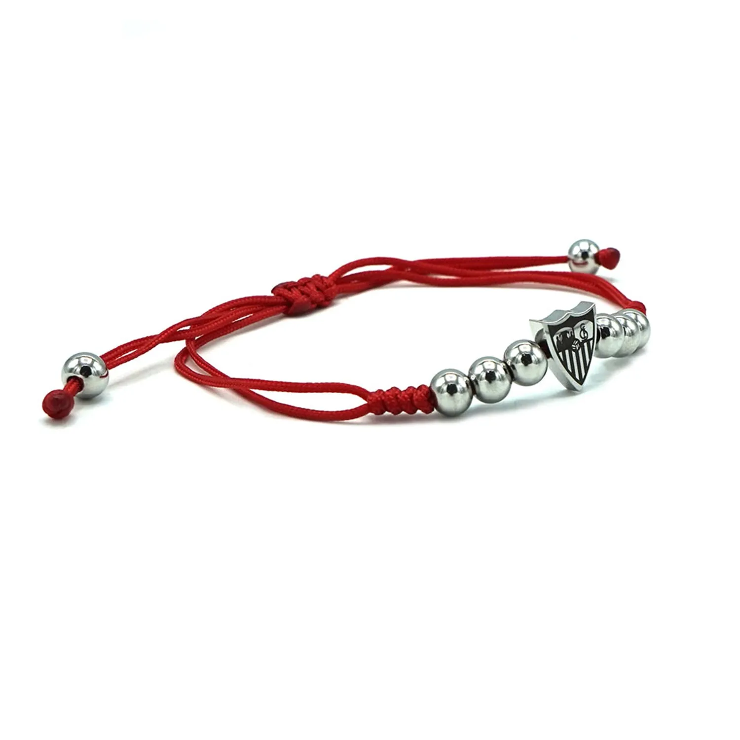 Pulsera acero bolas, escudo y macramé rojo