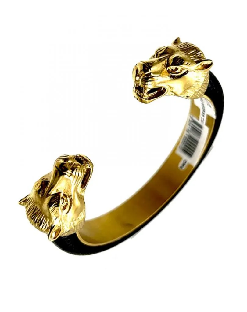 PULSERAS DE HOMBRE NEGRAS CON DOBLE CABEZA FELINA DORADA