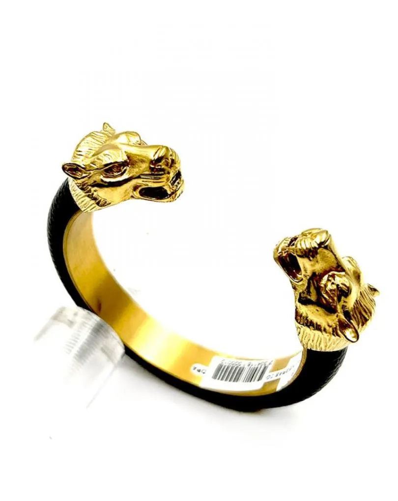 PULSERAS DE HOMBRE NEGRAS CON DOBLE CABEZA FELINA DORADA