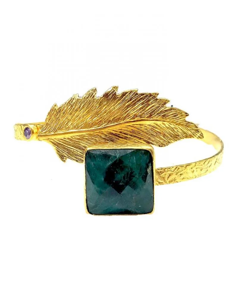 PULSERAS DORADAS DE MUJER CON HOJITA Y PIEDRA VERDE CUADRADA