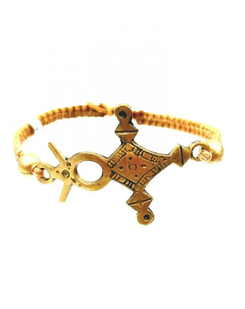 PULSERAS HOMBRE TRIBALES DE MACRAME Y CRUZ TUAREG DORADA