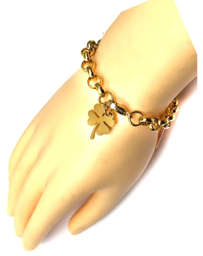 PULSERAS MUJER DE CADENA DORADA Y TREBOL DE LA SUERTE