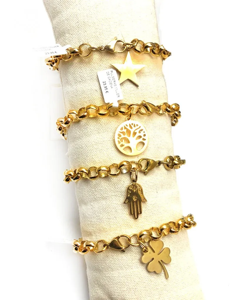 PULSERAS MUJER DE CADENA DORADA Y TREBOL DE LA SUERTE