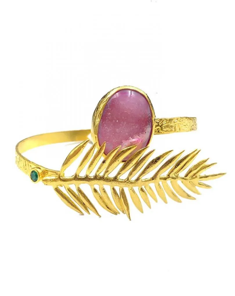 PULSERAS MUJER DE PIEDRA ROSA DRUSA Y DETALLE DECORATIVO DE HOJA