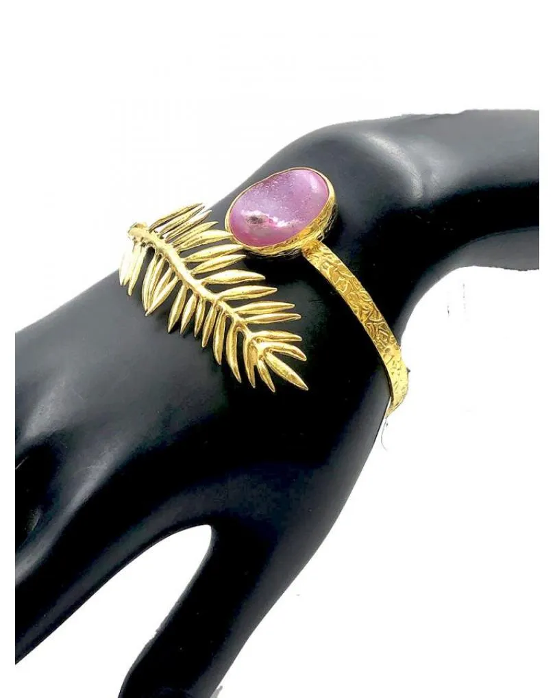 PULSERAS MUJER DE PIEDRA ROSA DRUSA Y DETALLE DECORATIVO DE HOJA